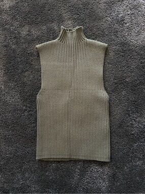 Zara Ribbed Sleeveless Mock Neck Knit Top in Olive Green